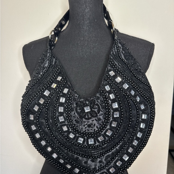 Y2K FAR NINE Black Beaded Mirror Shoulder Bag Vintage Boho Hobo Purse - Picture 3 of 8